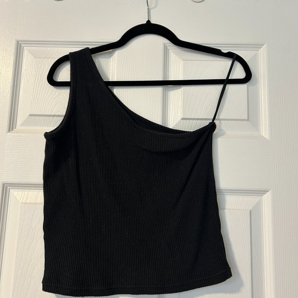Black Ribbed One-Shoulder Top - Picture 2 of 2